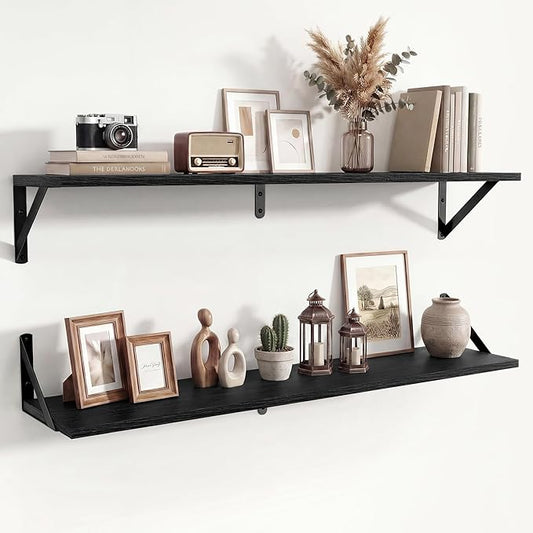 Axeman 36 Inch Floating Shelves | 8 Inch Deep Black Wall Shelves Set of 2 | 36''W x 8''D Rustic Black Wood Shelves for Bathroom Living Room Bedroom Kitchen