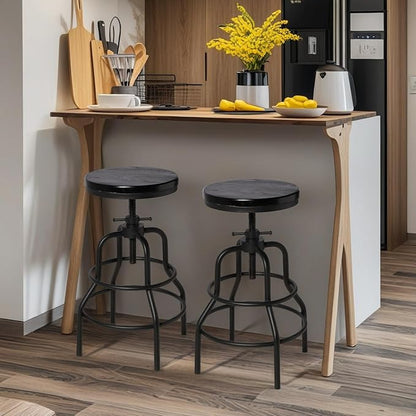 LOKKHAN Vintage Industrial Bar Stool-Rustic Swivel Bar Stool-Round Walnut Wood Metal Stool-Counter/Bar Height Adjustable Pipe Stool-Cast Steel Stool 23.62"-29.52" (Set of 2)