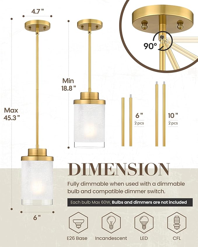 TENGXIN Modern Pendant Light for Kitchen Island, 6 Inch Brushed Gold Hanging Ceiling Light Fixture,Farmhouse Pendant Lighting for Dining Room Bedroom Bar Office 2Pack,TXPLBG01-2PK-L