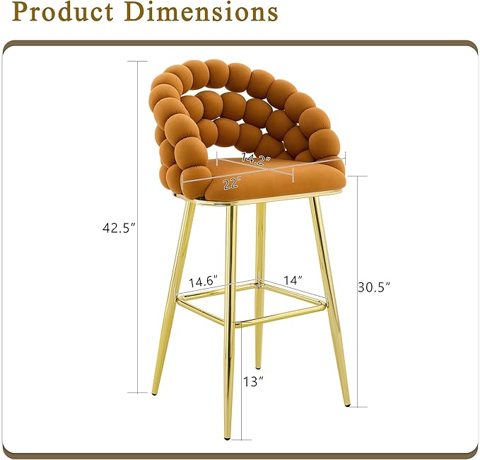 Set of 2 Orange Puffy Bubble Chair Ball Chain Chair Velvet Bar Stools with Gold Legs, Tufted Accent Bar Chairs for Kitchen Island Home Bar