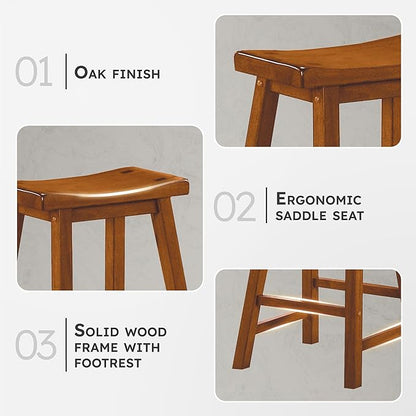 Lexicon Finnian Saddle Solid Wood Bar Height Bar Stool Set of 2 - Saddle Kitchen Stool Dining Height Stools for Dining, Armless Counter Chair Seating, Perfect Casual - 28.5" SH Oak