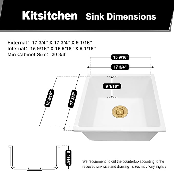 Kitsitchen White Undermount Bar Sink, 18 Inch Granite Composite Kitchen Sink with Drain Assembly & Bottom Gird, Quartz Stone Kitchen Sink,Small Kitchen Sinks used at Bar,Outdoor and WetBar, 9" Depth