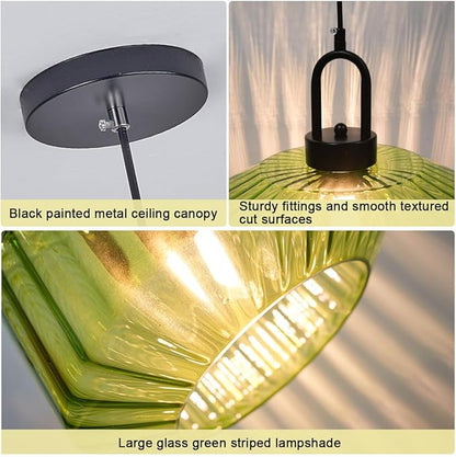 Glass Pendant Light fixtures Kitchen Island Modern Black Pendant Lights with Hand Blown Glass Shade 1-Light Adjustable Cord Ceiling Hanging Lighting for Dining Room Table Bar Sink (Green)