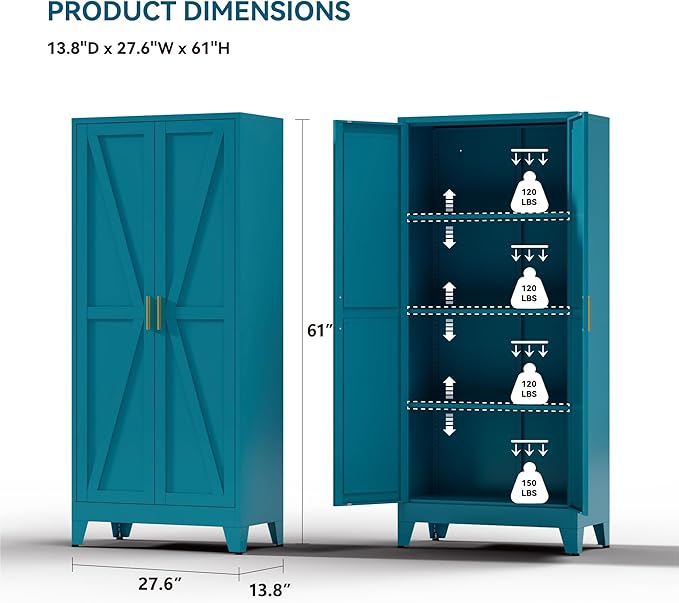 Farmhouse Pantry Cabinet with Barn Doors,61" H x 27.5" W,Metal Cabinet with Adjustable Shelves,4-Tier Storage Cabinet for Kitchen Dining Room Garage,Blue 1 Pack