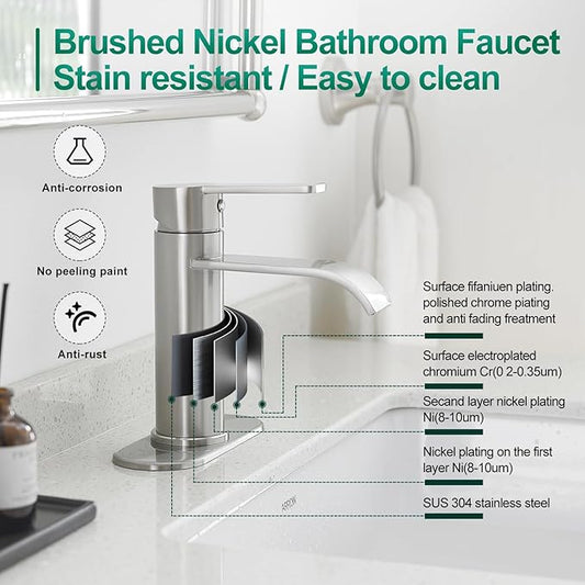 VOTON Waterfall Bathroom Faucet Brushed Nickel, Single Handle 1 or 3 Hole Modern Sink Faucet with Deck Plate & Pop-Up Drain, Vanity Washbasin Tap