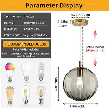 Modern Smoke Grey Glass Pendant Light, Kitchen Island Lighting 3-Pack Globe Pendant Light Fixtures Century Kitchen Island Pendant Lighting for Bedroom Living Dining Room Light Fixture (Without Bulb)