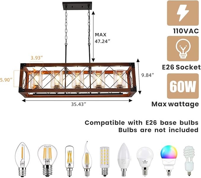 WJShome 35" Farmhouse Chandelier, 5-Light Kitchen Island Lighting, Modern Rectangular Dining Room Light Fixture, Rustic Wooden Chandeliers, Linear Pendant Light, with Clean Glass Shade