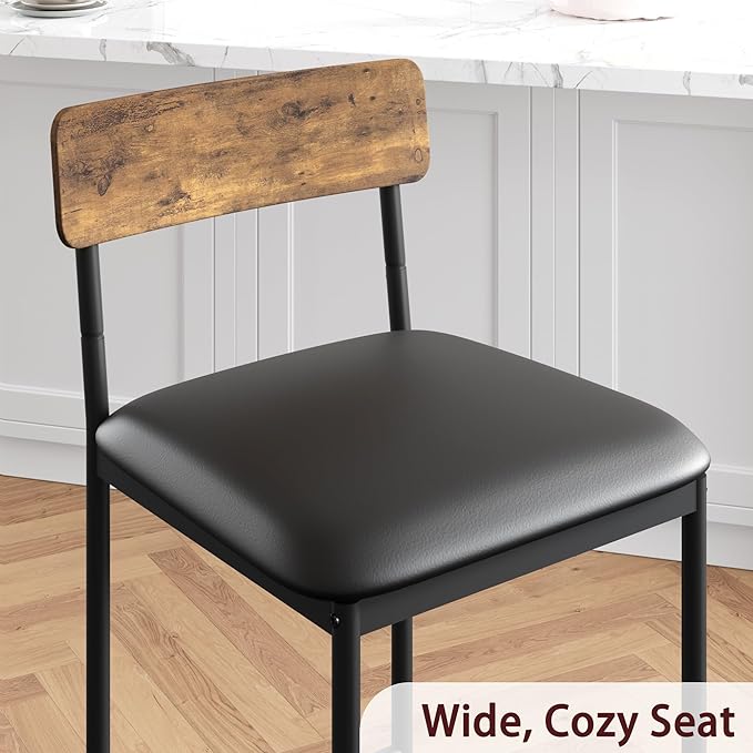 TrailBlaze Bar Stools Set of 2, 25.5'' Counter Height Upholstered Bar Chairs with Back & Footrest, Faux Leather, Thick Cushion - Black Metal Frame - Kitchen Island, Home Bar, Small Space