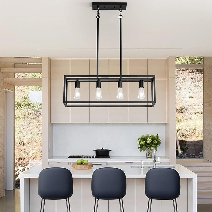 Black 4-Light Industrial Vintage Chandelier, Modern Linear Rectangular Cage Hanging Light Fixture for Farmhouse Kitchen, Dining Room, Bar, Living Room