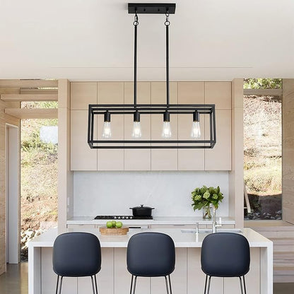 Black 4-Light Industrial Vintage Chandelier, Modern Linear Rectangular Cage Hanging Light Fixture for Farmhouse Kitchen, Dining Room, Bar, Living Room