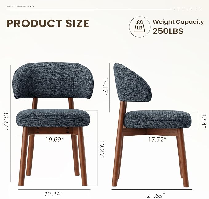 MALOL Wooden Dining Chairs Set of 2, Modern Upholstered Dining Room Chair, Fabric Kitchen Side Chairs with Curved Open Back for Living Room/Restaurant/Cafe, Dark Blue
