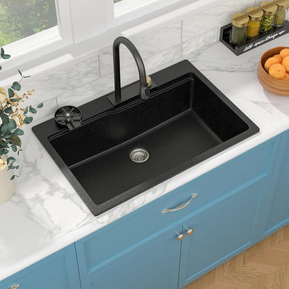 Sarlai Waterfall Kitchen Sink - Granite Composite Black Kitchen Sink 33 Inch Drop In Topmount Workstation Granite Matte Black Quartz Single Bowl Multifunction Sinks with Waterfall
