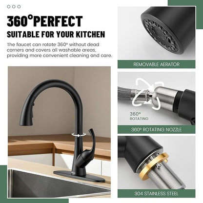 APPASO Black Kitchen Faucet One Hole, 3-Mode Pull Down Sprayer, 360° Swivel, 20-Inch Hose, Single Handle High Arc Matte Black Modern Faucet for 1 or 3-Hole Kitchen Sink, Spot Resist, Easy to Install