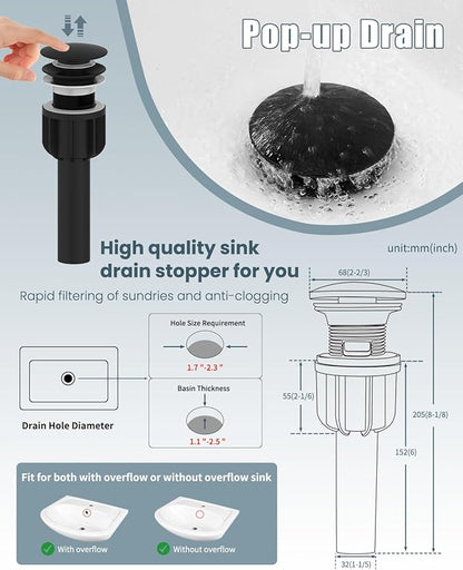Bathroom Faucets, Brushed Bathroom Sink Faucet Set with Pop Up Drain, Single Hole Single Handle High Barrel Sink Vanity Faucet, Stainless Steel Lead-Free