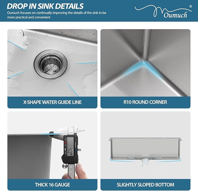 30 Drop In Kitchen Sink - Oumuch 30x22 Inch Kitchen Sinks Stainless Steel Single Bowl 16 Gauge Over Counter Topmount Sink Basin with Drain Assembly