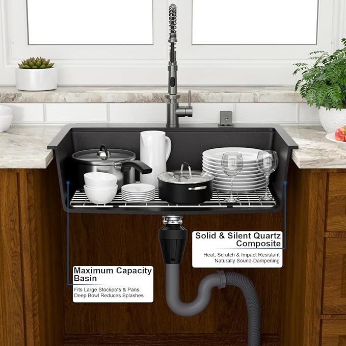 Mocoloo 33 Inch Drop in Workstation Kitchen Sink, 33x22 Matte Black Granite Composite Quartz Single Bowl Topmount Ledge Sink Above Counter