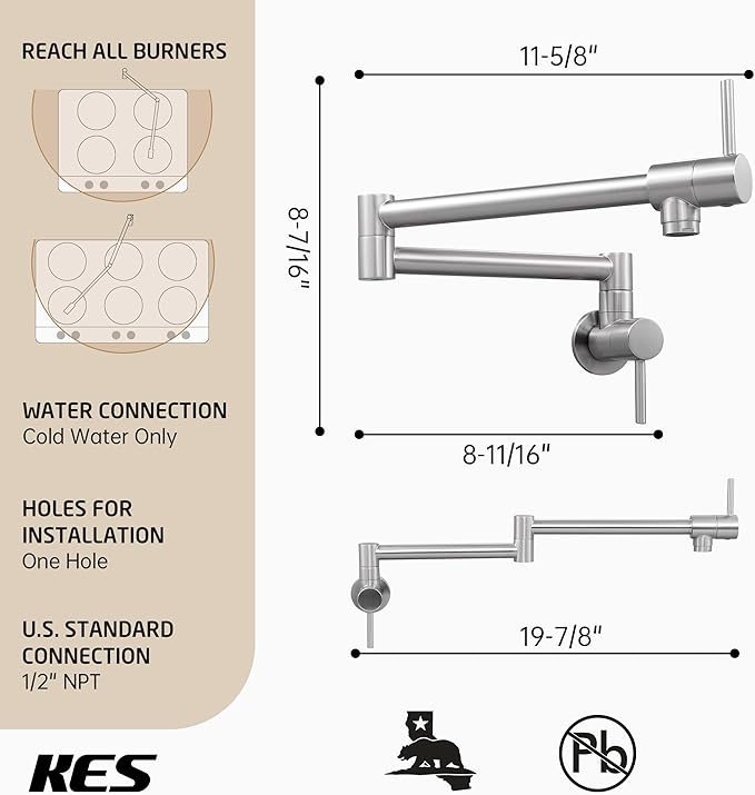 KES Kitchen Pot Filler Folding Faucet Brass Double Joint Swing Arm Sink Faucet Articulating Wall Mount Two Handle Brushed Nickel, KN926LFF18-BN