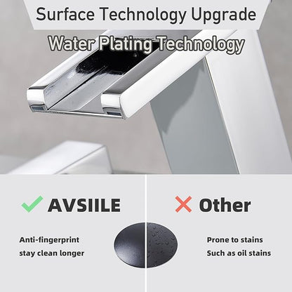 AVSIILE LED Bathroom Faucet 3 Hole, Chrome Waterfall Bathroom Faucets, 8 Inch Widespread Modern Bathroom Sink Faucet & Parts, Wide Spread Touch On Three Hole 2 Handle 3 Piece Bathroom Vanity Faucet