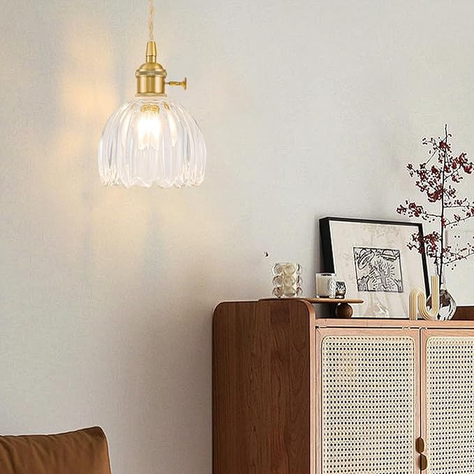 2 Pack Plug in Pendant Light Fixtures, Hanging Light Fixture Vintage Glass Pendant Light, Mini Transparent Tulip Hanging Lamp, Pendant Lighting for Kitchen Island, Bedroom, Dining Room, Living Room