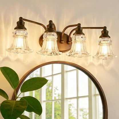 4-Light Bathroom Light Fixtures Over Mirror, Vintage Vanity Lights with Clear Floral Glass Shades, Oil Rubbed Bronze