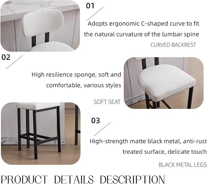 Bar Stools Set of 2, 26 inch Counter Height - Modern Upholstered Kitchen Island Chairs with Metal Legs for Dining & Bar Areas