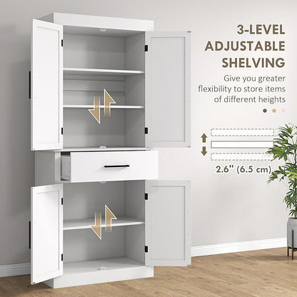 72" H Farmhouse Kitchen Pantry, Freestanding Storage Cabinet with 4 Barn Doors, Drawer, 5-Tier Shelf and Adjustable Shelves, White, Easy to Maintain, for Dining Room