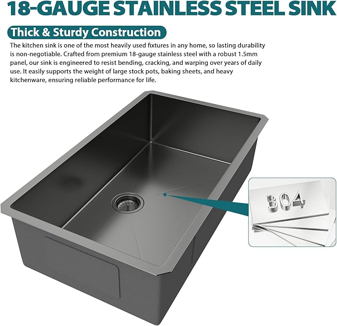 Black Undermount Kitchen Sink 33x19x9 Inch Single Bowl 18 Gauge Stainless Steel Under Counter Sinks Basin With Drain Strainer