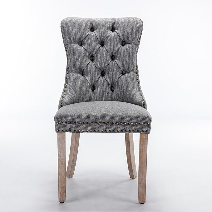 Ball & Cast Contemporary Upholstered Dining Chairs Set of 2, Button Tufted Kitchen Side-Chairs with Hang Ring & Nailhead Trims & Solid Wood Legs, 2-Piece Backrest Traditional Chair, Linen Gray