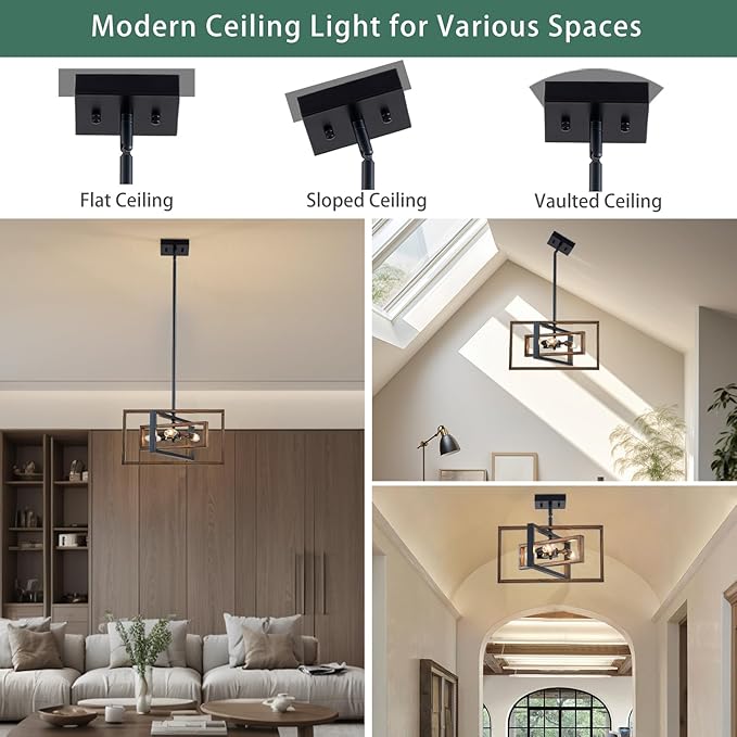 Black Chandelier, 3-Light Farmhouse Rectangular Ceiling Lighting Fixtures, 16" Faux-Wood Metal Pendant Light Height Adjustable for Foyer, Entryway, Kitchen, Dining Room
