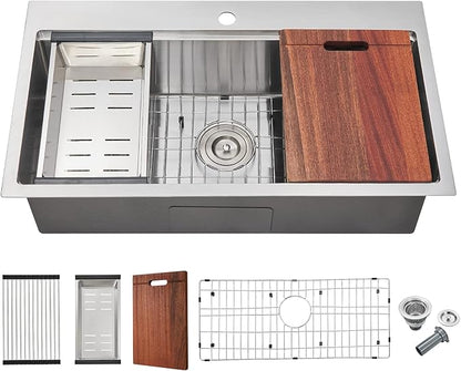 MENATT 32 Inch Drop In Kitchen Workstation Sink, 18 Gauge Stainless Steel Single Bowl Single Faucet Hole Topmount Kitchen Sink with Integrated Ledge (Bruhsed),32"x18"x9"