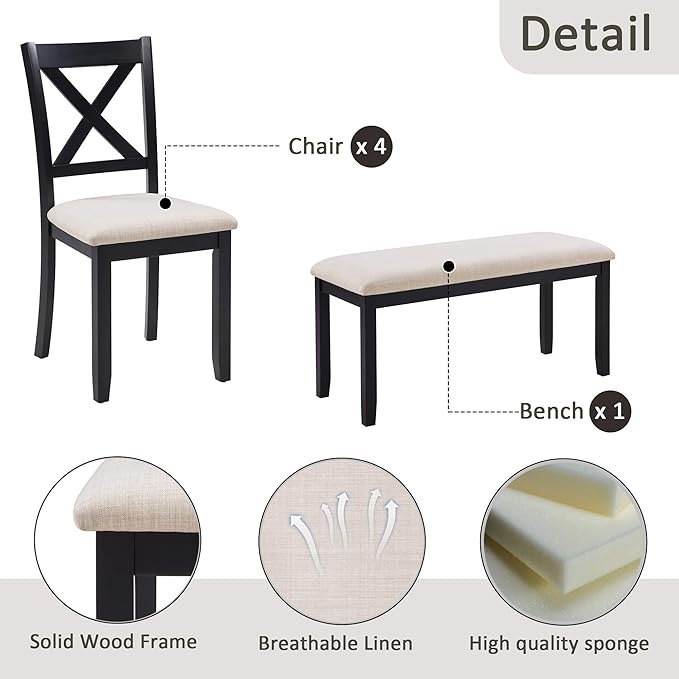 6 Piece Wooden Dining Table Set with Bench, Classic Farmhouse Dining Table Set for 6, Timeless Black and Oak Two Tone Dining Room Set for Kitchen and Dining Room