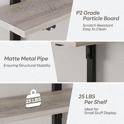 Bestier Floating Shelves for Wall, 32 inch Kitchen Shelves Wall Mounted, 3 Tier Coffee Bar Shelf with Foldable Brackets, Industrial Display Shelf for Bathroom, Living Room, Retro Grey