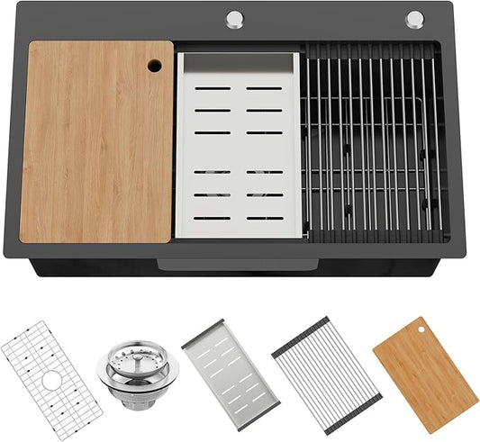 Black Kitchen Sink Workstation,30"x18" Stainless Steel Drop In Single Bowl Sink Built-in Ledge Workstation Sink Design For Placing/Sliding Accessories-Cutting Board And Drying Rack,Colander