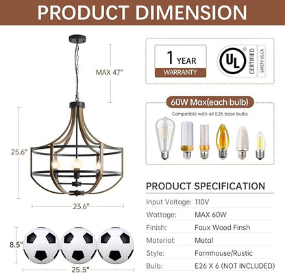 23.6" Farmhouse Chandelier for Dining Room, 6-Light Rustic Brown Faux Wood Pendant Light Fixtures, Black Frame Foyer Chandelier for Entryway Kitchen Island Bedroom Living Room