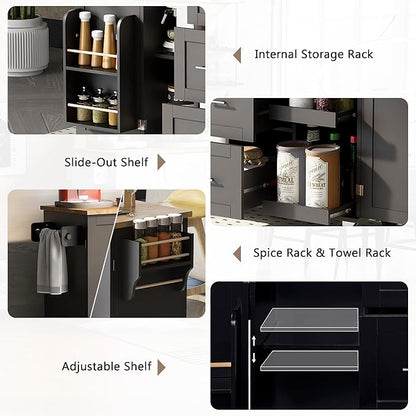 Rolling Mobile Kitchen Island Cart Cabinet with Door Internal Storage Rack, 3 Drawers and 2 Slide-Out Shelves for Dining Room