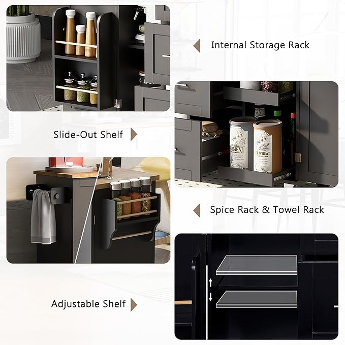 Rolling Kitchen Island with Storage, Kitchen Cart with Rubber Wood Top,3 Drawer,2 Slide-Out Shelf and Internal Storage Rack, Kitchen Island on Wheels with Spice Rack & Tower Rack (Black~09)