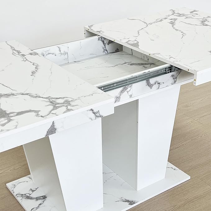 63" - 79" Extendable Dining Room Table, Expandable Kitchen Table for 6 to 10 People, Modern Wood Conference Table, Large Dining Table(Faux White Marble, Pedestal Base B)