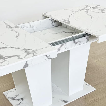 63" - 79" Extendable Dining Room Table, Expandable Kitchen Table for 6 to 10 People, Modern Wood Conference Table, Large Dining Table(Faux White Marble, Pedestal Base B)