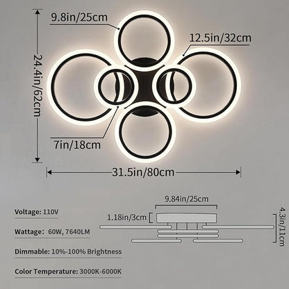 Shine LUEST 6 Rings Black Modern LED Ceiling Light Fixture, Flush Mount Ceiling Light with Remote Dimmable Brightness, Adjustable 3000-6000K Color Temperature, Timer for Living Room, Bedroom