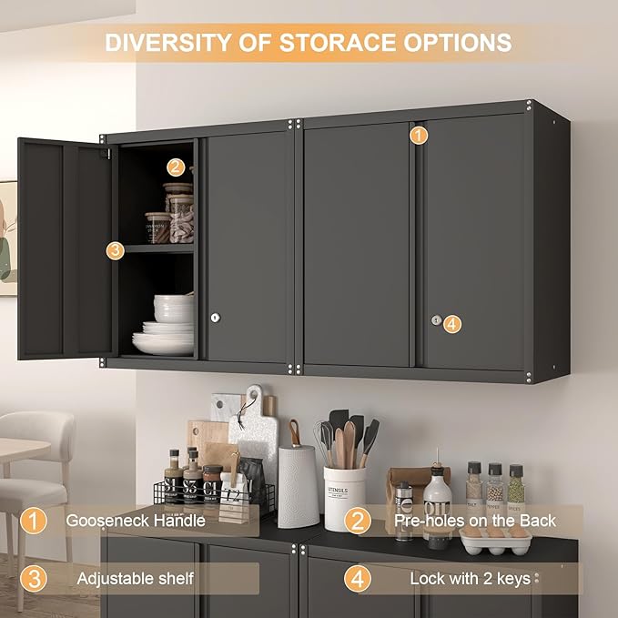 IRONFFICE Wall Cabinet Storage, Locking Wall Cabinet with 2 Doors,Garage Storage Cabinet for Home Office,Gym,Garage,Black