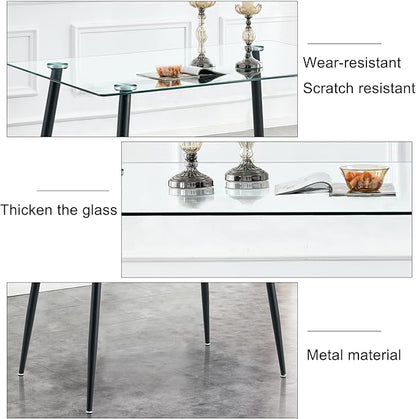 Baysitone Glass Dining Table for 4 with 51 inch Clear Rectangular Glass Top, 0.31" Modern Tempered Glass Kitchen Table Furniture with 4 Black Plating Metal Legs for Home Dining Room