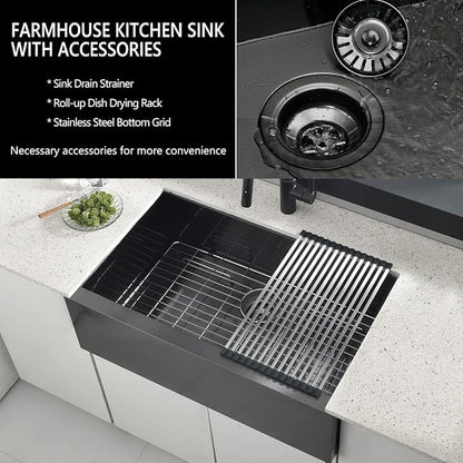 30x20 Black Undermount Farm House Sink, Gabhar 30 Inch 16Gauge Black Stainless Steel Single Bowl Apron Front Farmer Kitchen Sink
