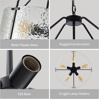 Glass Drum Chandelier for Dining Room 20'' Entryway Light Fixture 5-Light Kitchen Chandeliers Over Table Bedroom Light Fixture for Living Room Hallway Foyer Kitchen