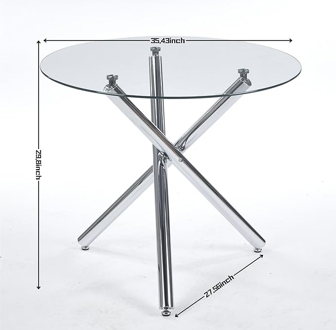 SSLine 35.4" Round Glass Dining Table for 2-4 Modern Circle Glass Tabletop Kitchen Table for 4 Luxury Dinner Tables with Silver Metal Legs for Home Kitchen Dining Room(Table Only)