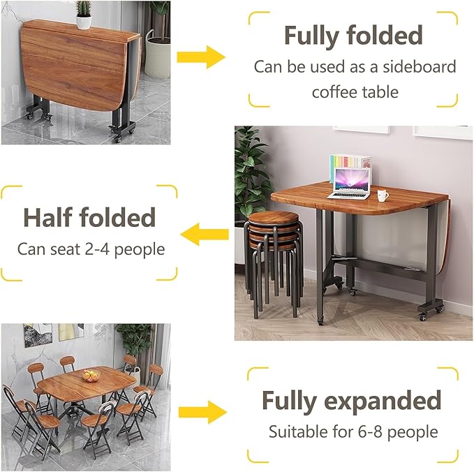 Multifunction Table Drop Leaf Dining Table , 39in/47in Solid Wooden Foldable Kitchen Table with 6 Wheels (Brown), Space Saving Folding Kitchen Table, for Small Spaces Kitchen, Bedroom, Living Room(47.