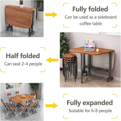 Multifunction Table Drop Leaf Dining Table , 39in/47in Solid Wooden Foldable Kitchen Table with 6 Wheels (Brown), Space Saving Folding Kitchen Table, for Small Spaces Kitchen, Bedroom, Living Room(47.
