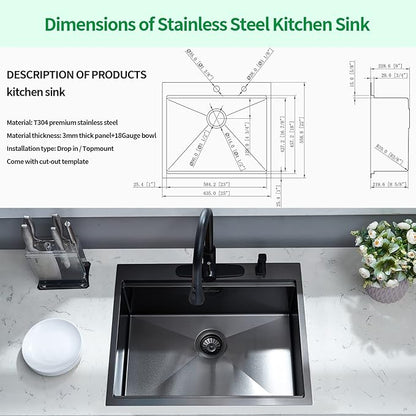 25 Kitchen Sink Drop-In Workstation, 25 x 22 Inch Gunmetal Black Stainless Steel Workstation Sink Topmount Single Bowl with Cutting Board,for Kitchen, Laundry, Utility Room