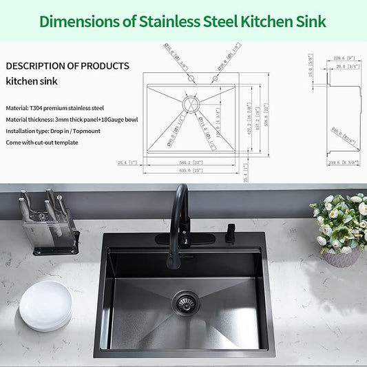 25 Kitchen Sink Drop-In Workstation, 25 x 22 Inch Gunmetal Black Stainless Steel Workstation Sink Topmount Single Bowl with Cutting Board,for Kitchen, Laundry, Utility Room