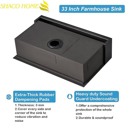 SHACO 33 Inch Black Farmhouse Sink, 33x20 Gunmetal Black 16 Gauge Stainless Steel Single Bowl Workstation Flat Apron Front Farm Kitchen Sink with Cutting Board