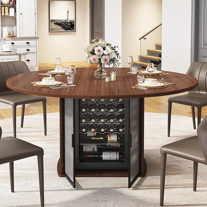 IBF Round Dining Table with Storage for 4 to 6, 47" Circle Kitchen Table with Fridge Space, Wood Dining Room Tables with Adjustable Shelf, Circular Dinner Tables for Home Kitchen, Walnut (Only Table)
